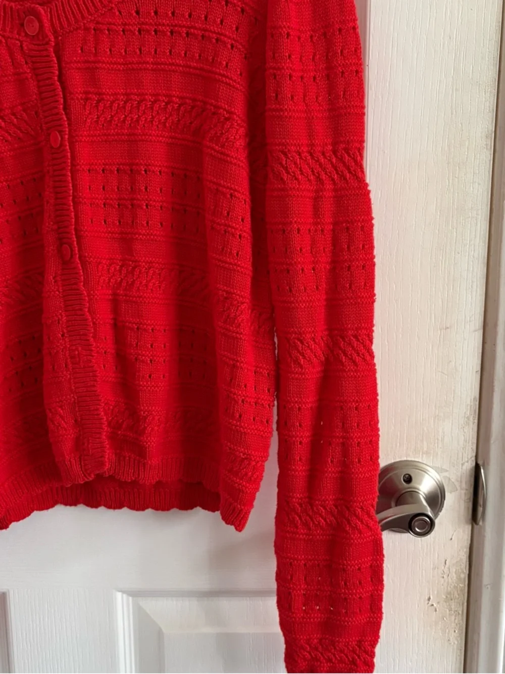 Bright Red Openwork Button-Front Cardigan Sweater - Picture 5 of 7